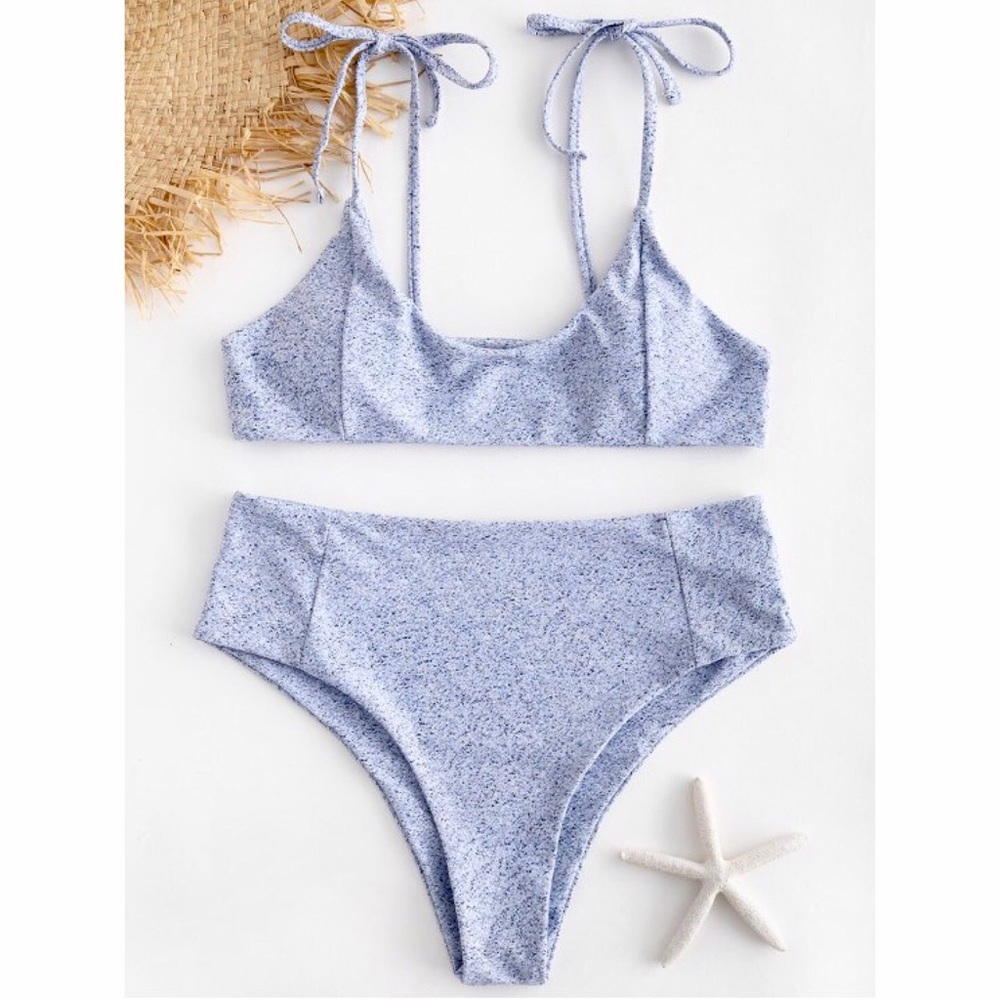 STONE GREY/BLUE HIGH WAIST BIKINI Shoulder Tie NWT